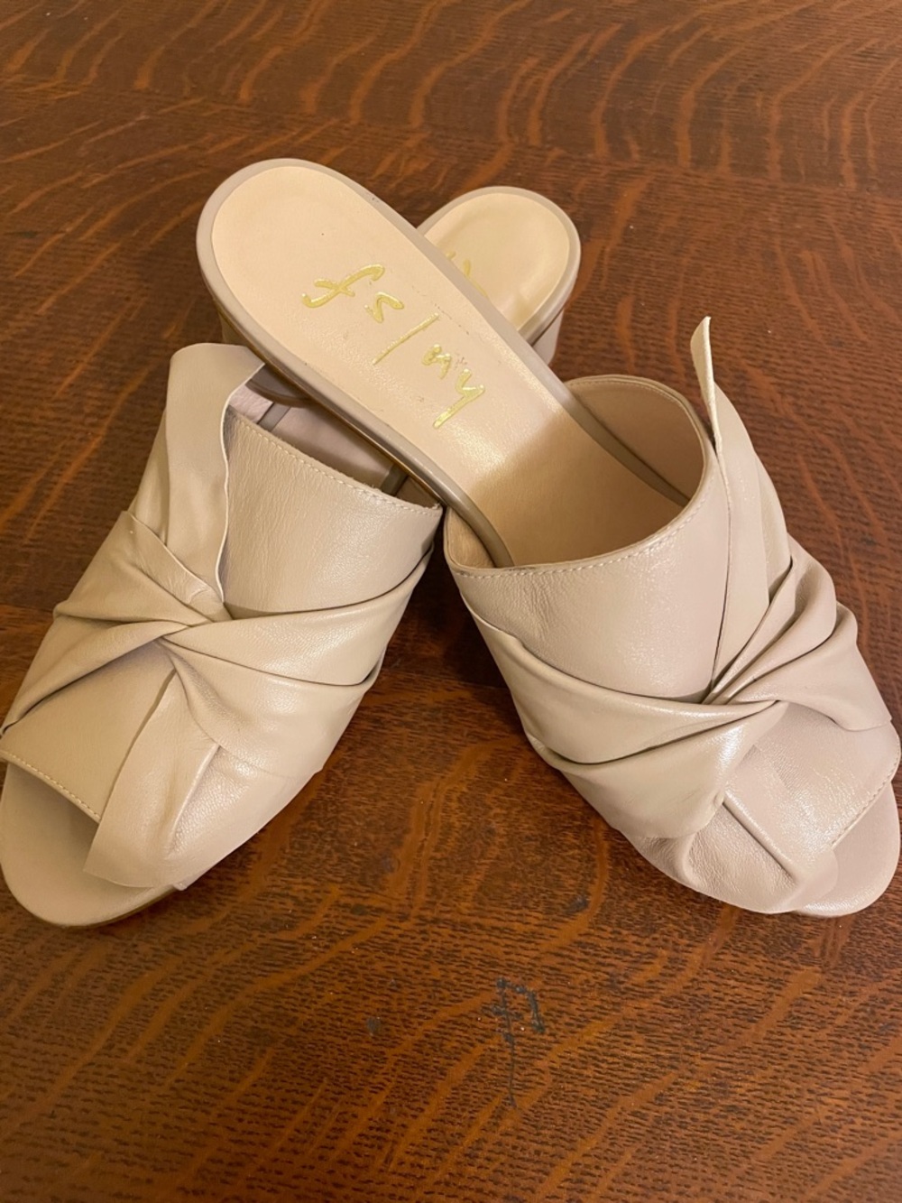 French Sole Beige Knotted Leather Slide Mules